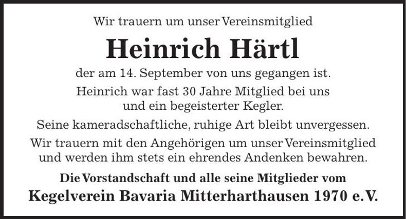 Traueranzeige Heinrich Härtl
