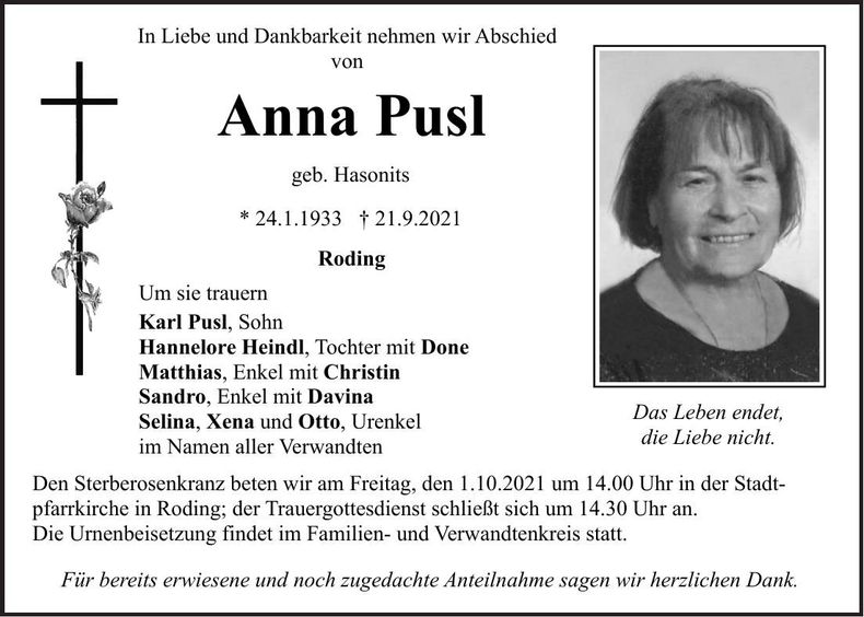 Traueranzeige Anna Pusl