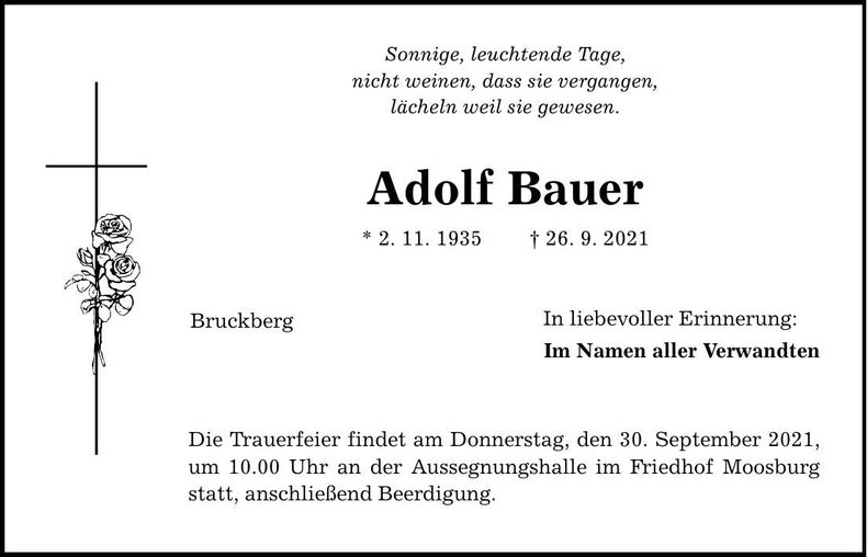 Traueranzeige Adolf Bauer