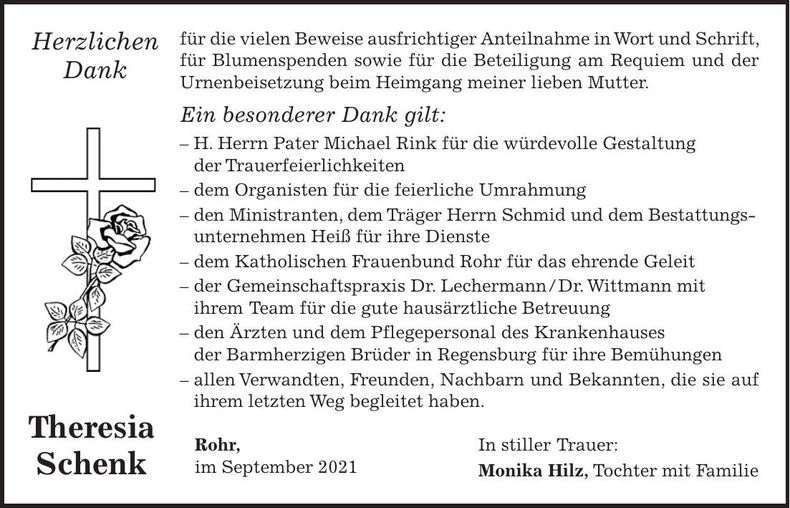 Traueranzeige Theresia Schenk