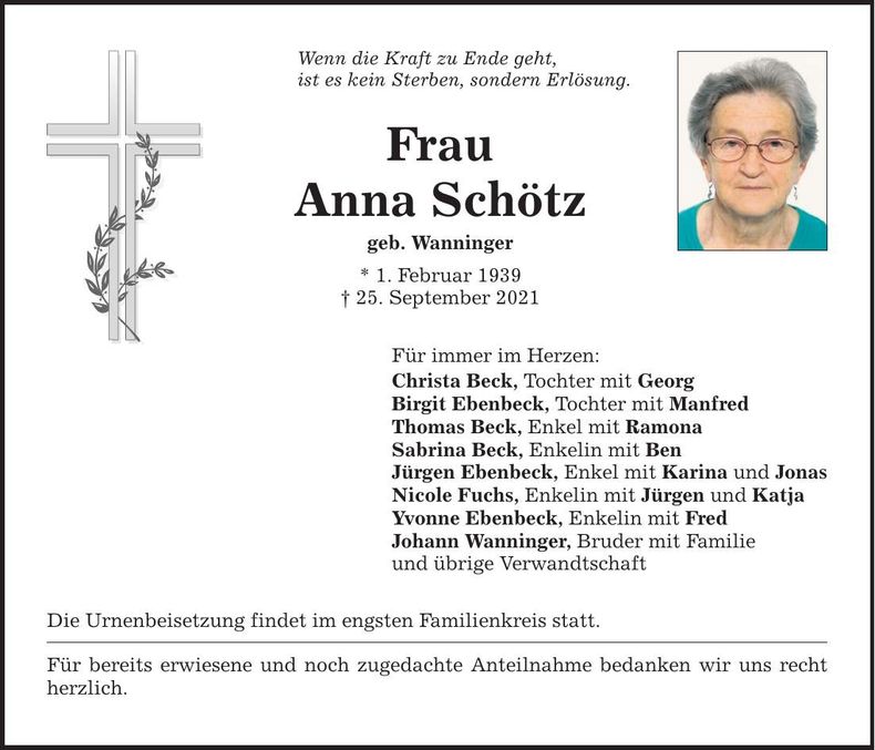 Traueranzeige Anna Schötz