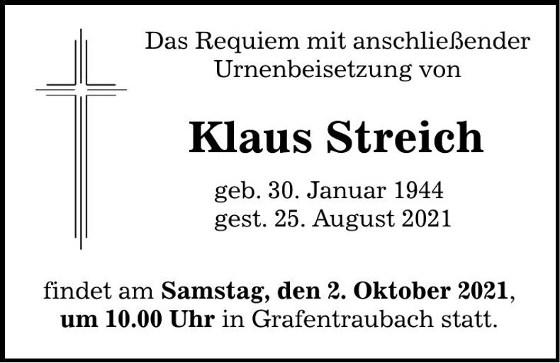 Traueranzeige Klaus Streich