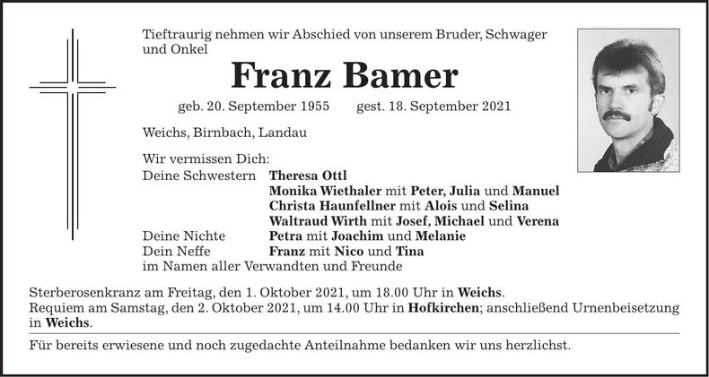 Traueranzeige Franz Bamer
