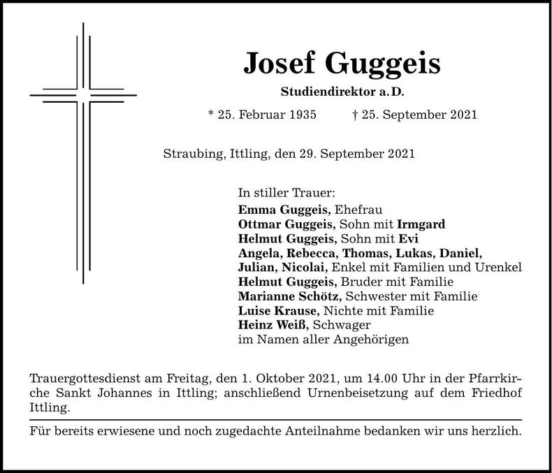 Traueranzeige Josef Guggeis
