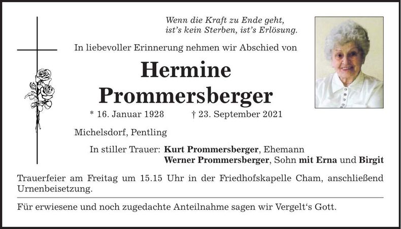 Traueranzeige Hermine Prommersberger