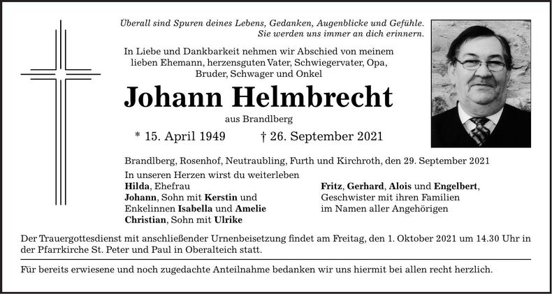 Traueranzeige Johann Helmbrecht