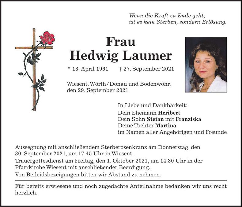 Traueranzeige Hedwig Laumer