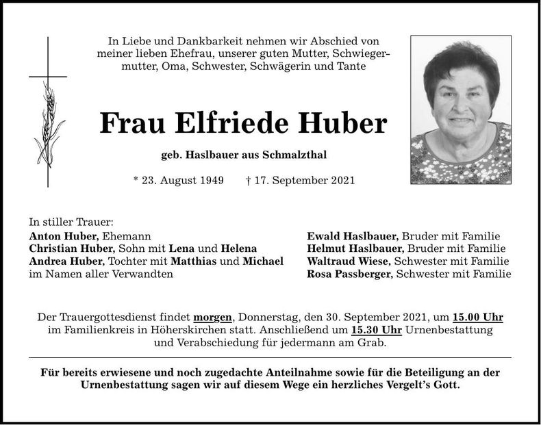 Traueranzeige Elfriede Huber
