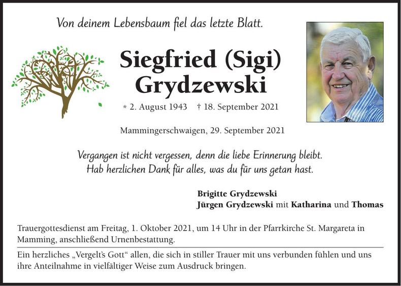 Traueranzeige Siegfried Grydzewski