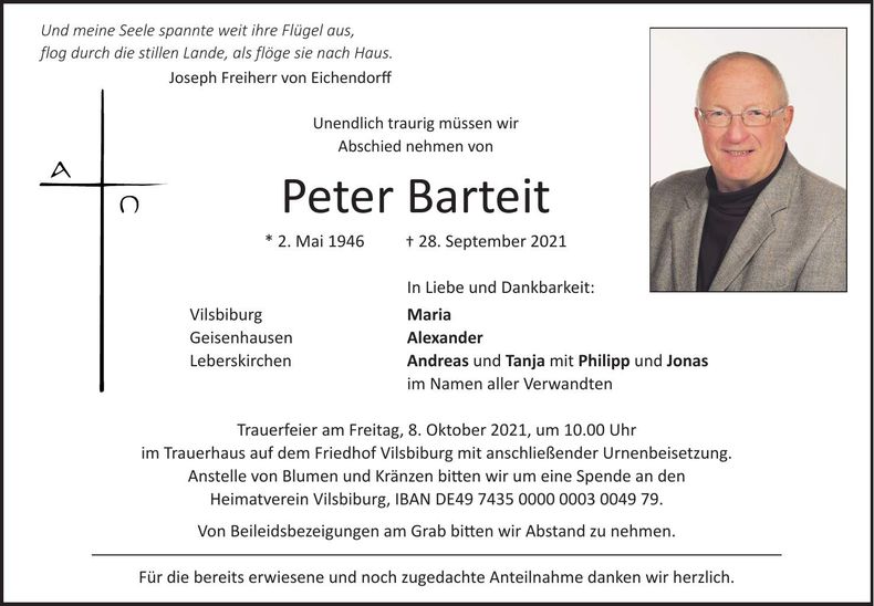 Traueranzeige Peter Barteit