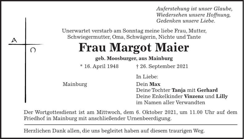 Traueranzeige Margot Maier