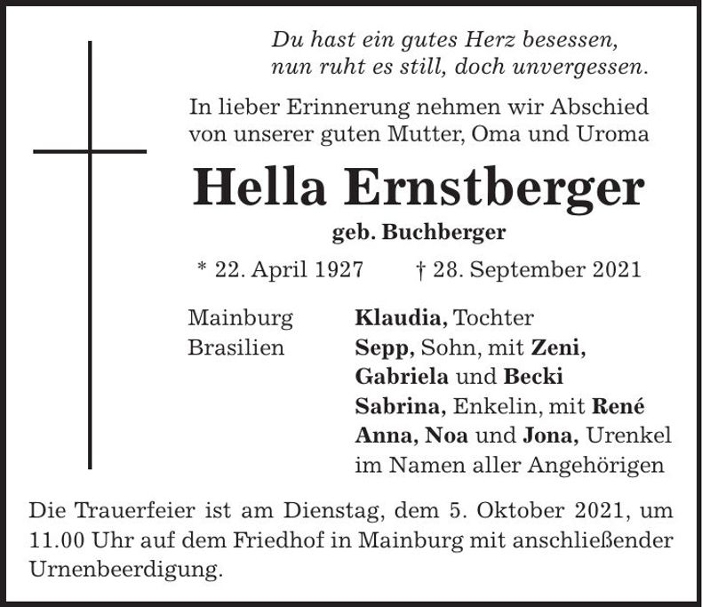 Traueranzeige Hella Ernstberger