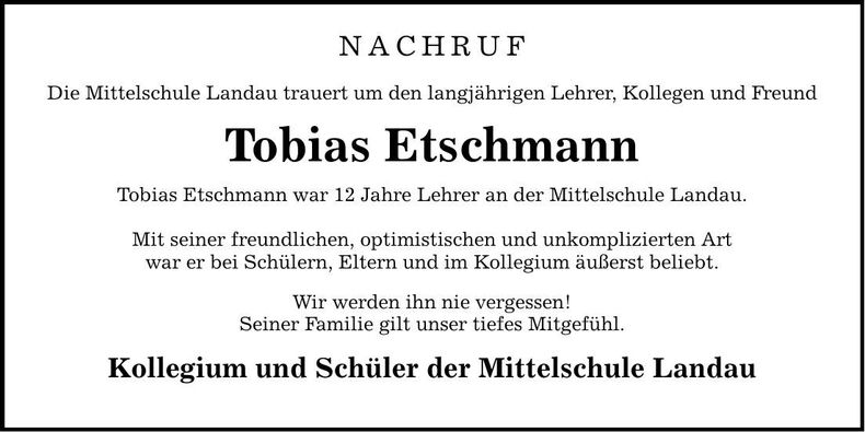 Traueranzeige Tobias Etschmann