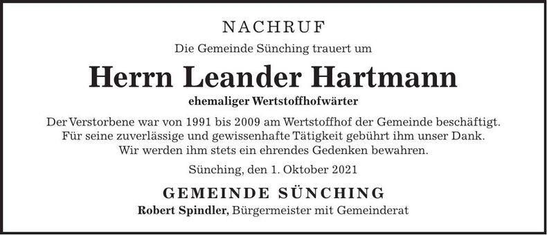 Traueranzeige Leander Hartmann