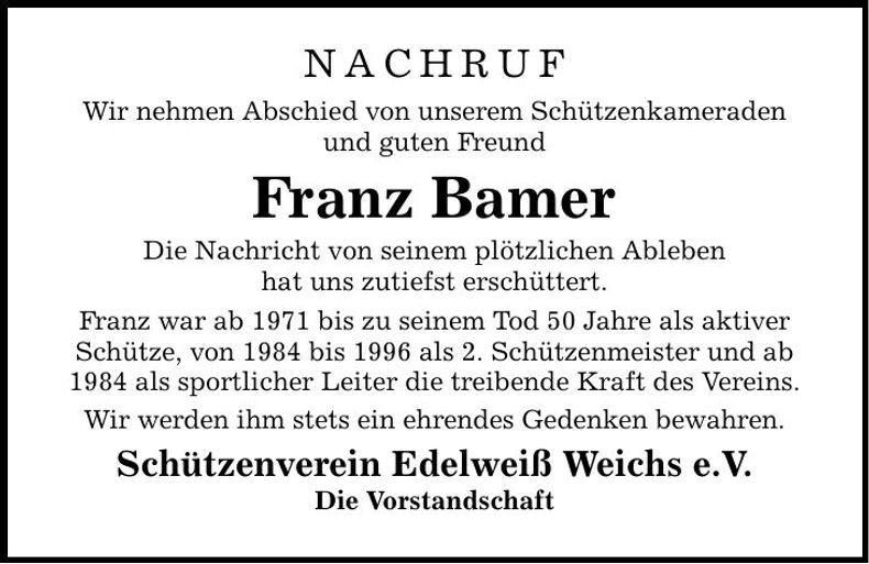 Traueranzeige Franz Bamer