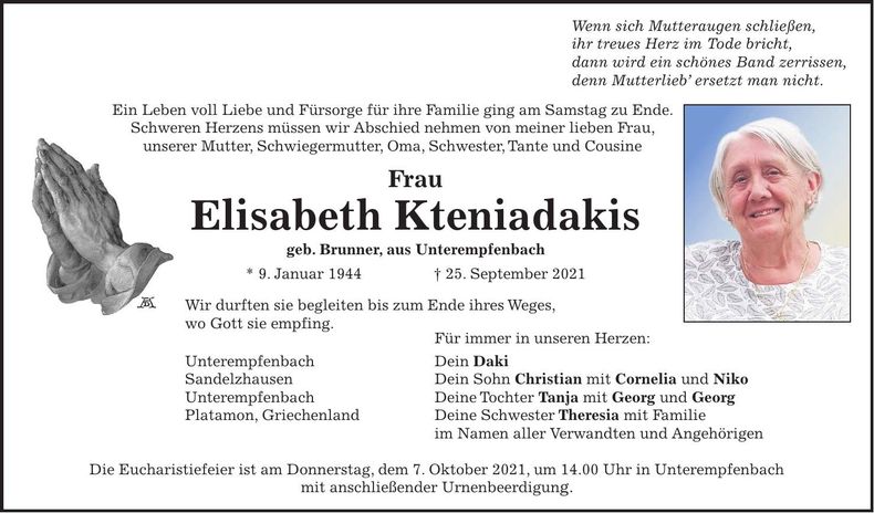 Traueranzeige Elisabeth Kteniadakis