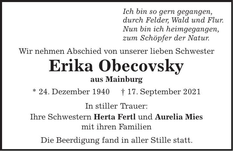 Traueranzeige Erika Obecovsky