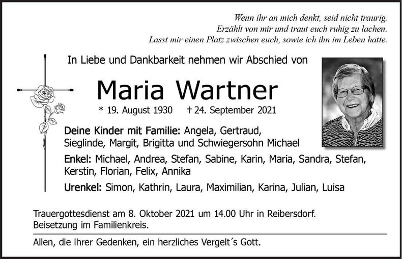 Traueranzeige Maria Wartner
