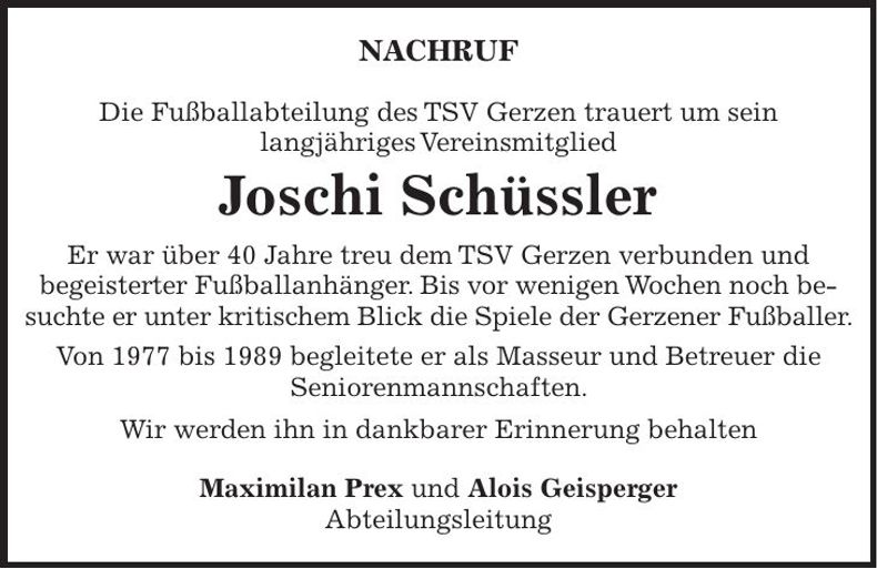 Traueranzeige Joschi Schüssler