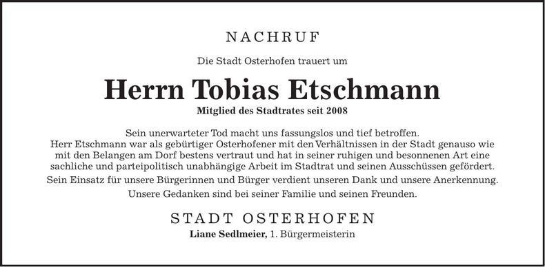 Traueranzeige Tobias Etschmann
