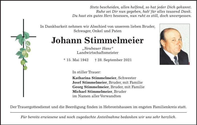 Traueranzeige Johann Stimmelmeier