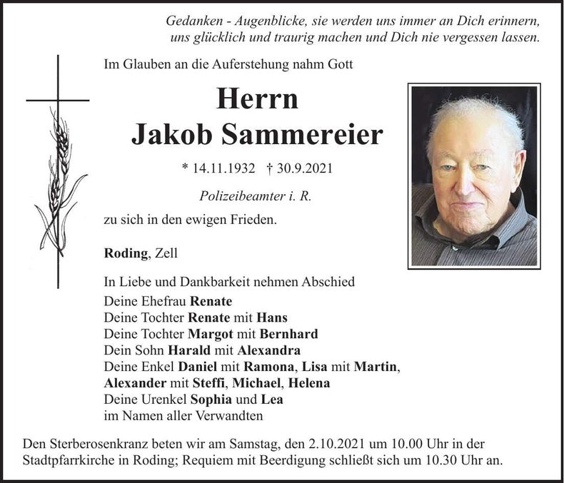 Traueranzeige Jakob Sammereier