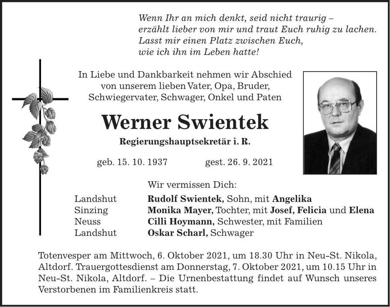 Traueranzeige Werner Swientek