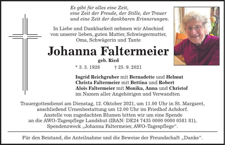 Traueranzeige Johanna Faltermeier