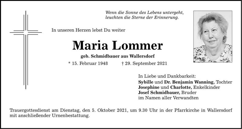 Traueranzeige Maria Lommer