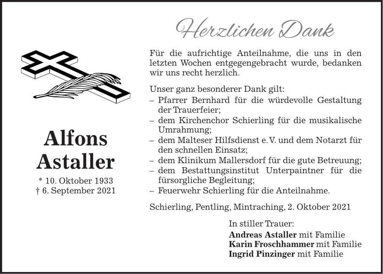 Traueranzeige Alfons Astaller