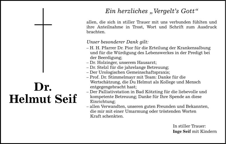 Traueranzeige Helmut Seif