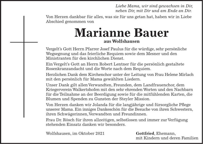 Traueranzeige Marianne Bauer