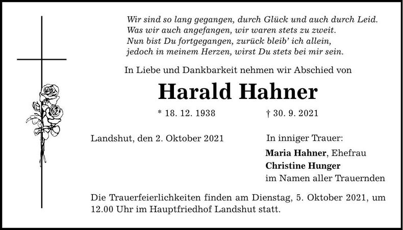 Traueranzeige Harald Hahner