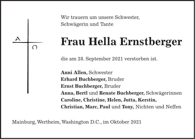 Traueranzeige Hella Ernstberger