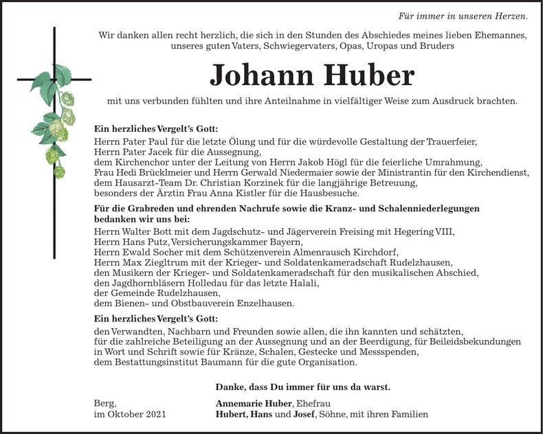 Traueranzeige Johann Huber