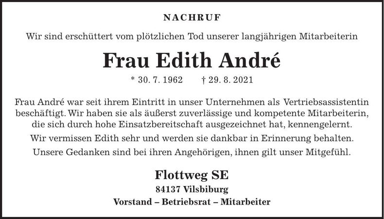 Traueranzeige Edith André