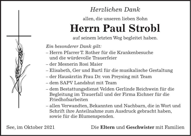 Traueranzeige Paul Strobl