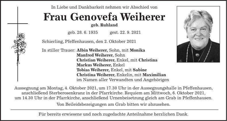 Traueranzeige Genovefa Weiherer