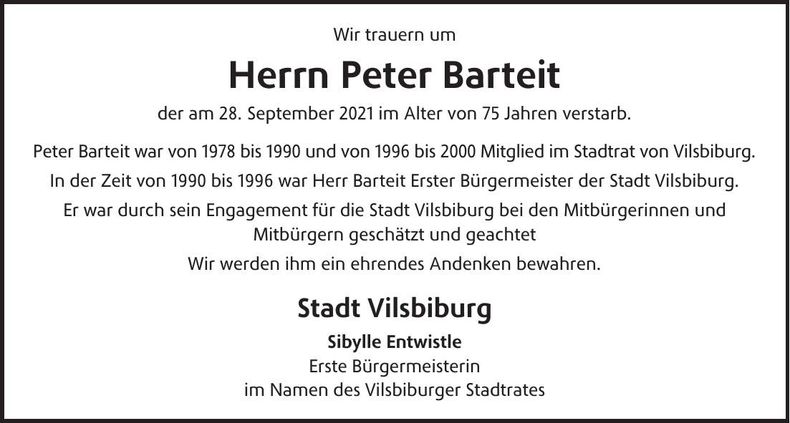 Traueranzeige Peter Barteit