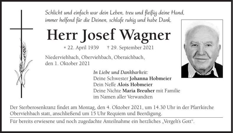 Traueranzeige Josef Wagner