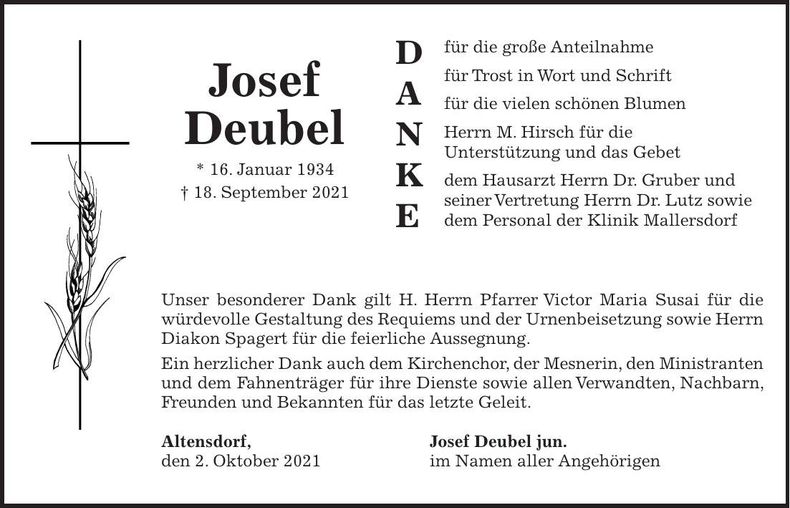 Traueranzeige Josef Deubel