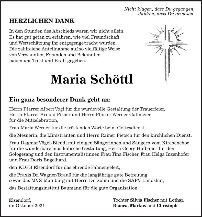 Traueranzeige Maria Schöttl
