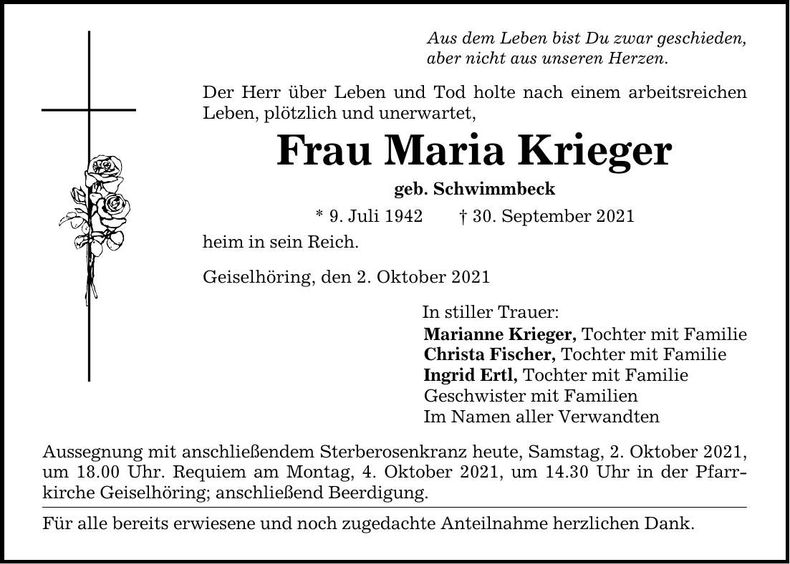 Traueranzeige Maria Krieger