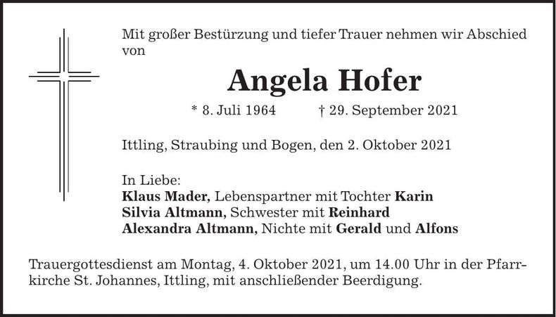 Traueranzeige Angela Hofer