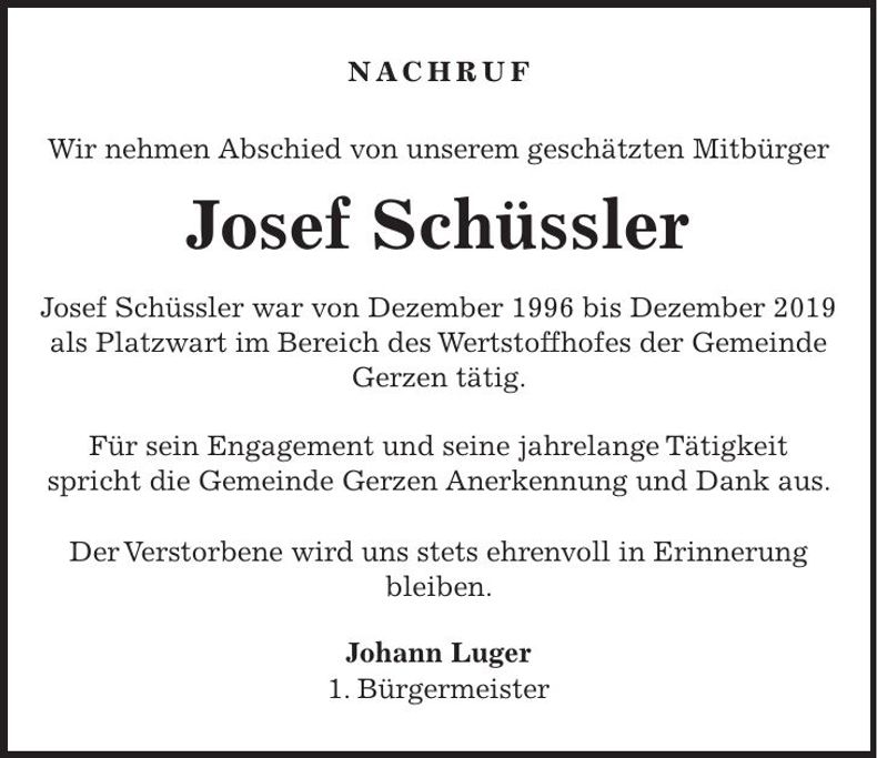 Traueranzeige Josef Schüssler