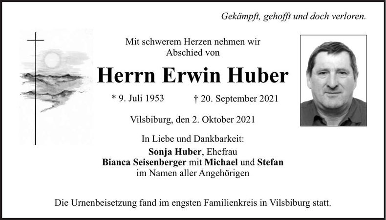 Traueranzeige Erwin Huber