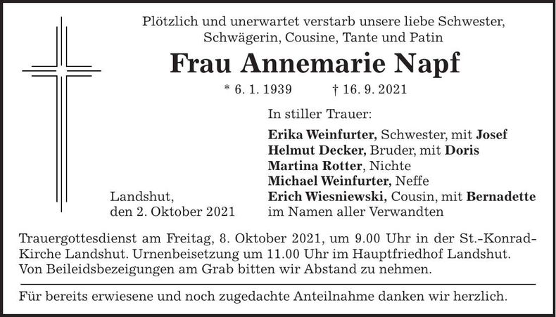 Traueranzeige Annemarie Napf