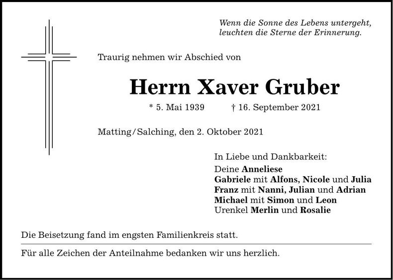 Traueranzeige Xaver Gruber