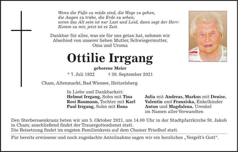 Traueranzeige Ottilie Irrgang