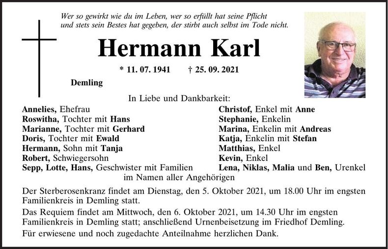 Traueranzeige Hermann Karl